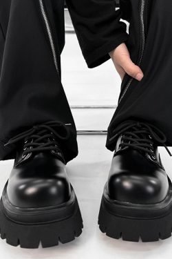 Men's Black Derby Shoes, Round Toe, Thick Sole, Genuine Leather, British Style, Commuter Footwear for Couples