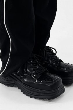 Men's Black Leather Derby Shoes, Trendy Punk Square-Toed Design, Thick-Soled Platform Dad Shoes, High-End Fashion Footwear