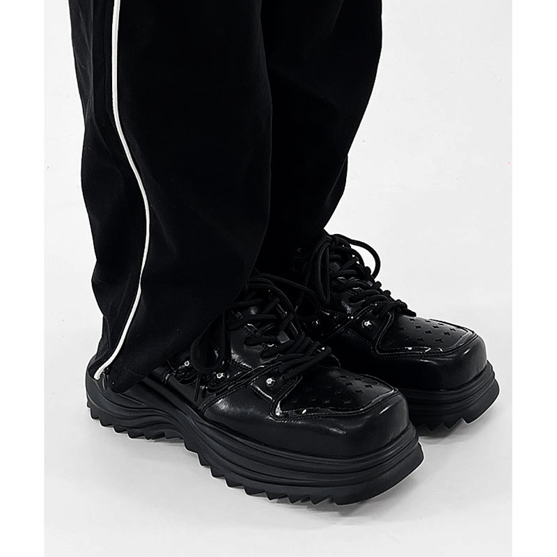 Men's Black Leather Derby Shoes, Trendy Punk Square-Toed Design, Thick-Soled Platform Dad Shoes, High-End Fashion Footwear Men's Black Leather Derby Shoes, Trendy Punk Square-Toed Design, Thick-Soled Platform Dad Shoes, High-End Fashion Footwear