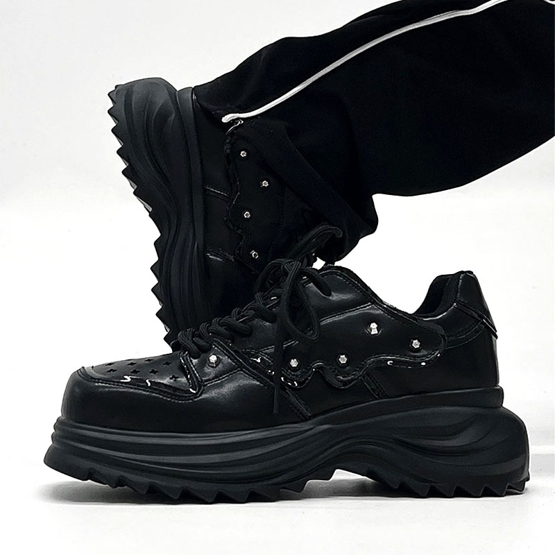 Men's Black Leather Derby Shoes, Trendy Punk Square-Toed Design, Thick-Soled Platform Dad Shoes, High-End Fashion Footwear Men's Black Leather Derby Shoes, Trendy Punk Square-Toed Design, Thick-Soled Platform Dad Shoes, High-End Fashion Footwear