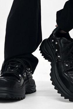 Men's Black Leather Derby Shoes, Trendy Punk Square-Toed Design, Thick-Soled Platform Dad Shoes, High-End Fashion Footwear