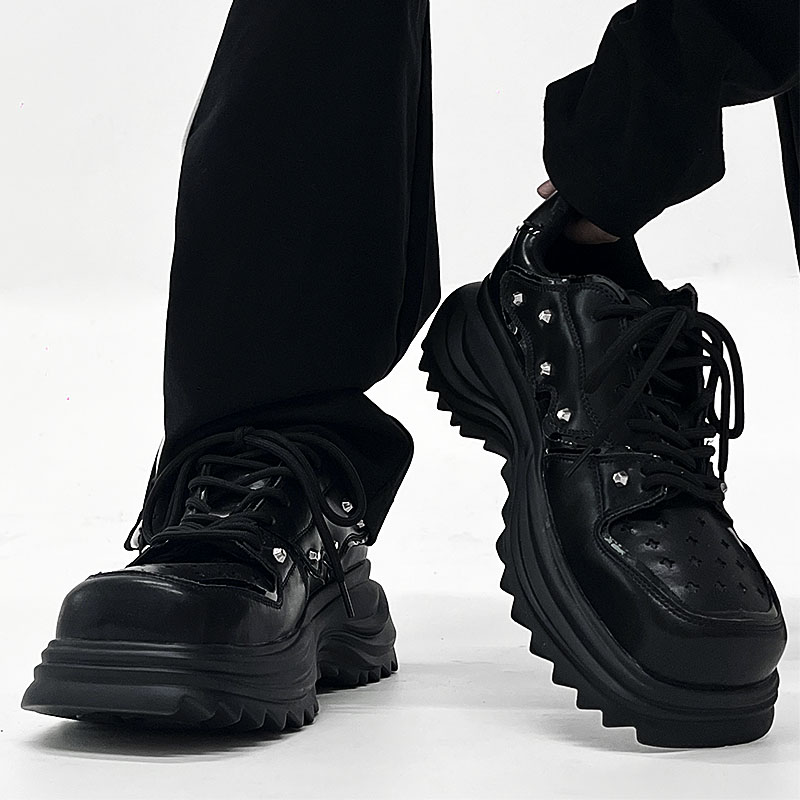 Men's Black Leather Derby Shoes, Trendy Punk Square-Toed Design, Thick-Soled Platform Dad Shoes, High-End Fashion Footwear Men's Black Leather Derby Shoes, Trendy Punk Square-Toed Design, Thick-Soled Platform Dad Shoes, High-End Fashion Footwear