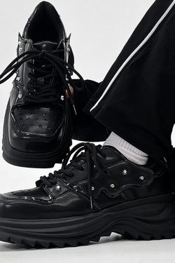 Men's Black Leather Derby Shoes, Trendy Punk Square-Toed Design, Thick-Soled Platform Dad Shoes, High-End Fashion Footwear