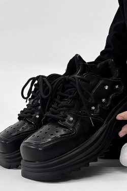 Men's Black Leather Derby Shoes, Trendy Punk Square-Toed Design, Thick-Soled Platform Dad Shoes, High-End Fashion Footwear