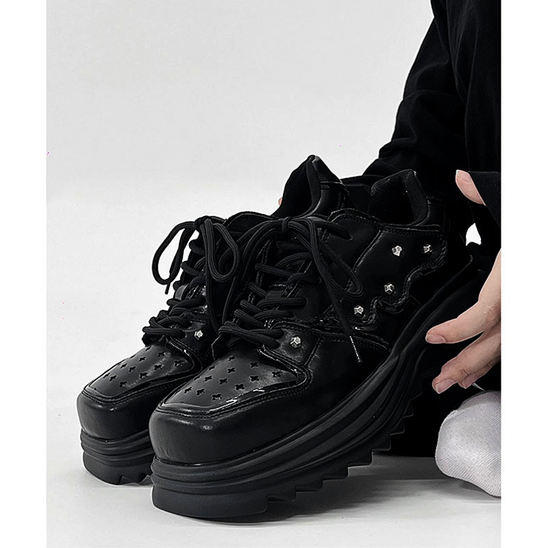 Men's Black Leather Derby Shoes, Trendy Punk Square-Toed Design, Thick-Soled Platform Dad Shoes, High-End Fashion Footwear Men's Black Leather Derby Shoes, Trendy Punk Square-Toed Design, Thick-Soled Platform Dad Shoes, High-End Fashion Footwear
