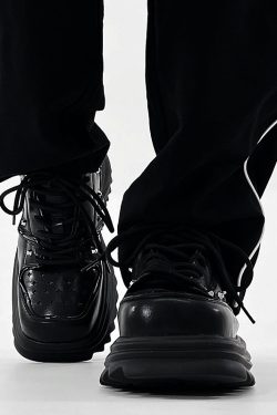 Men's Black Leather Derby Shoes, Trendy Punk Square-Toed Design, Thick-Soled Platform Dad Shoes, High-End Fashion Footwear