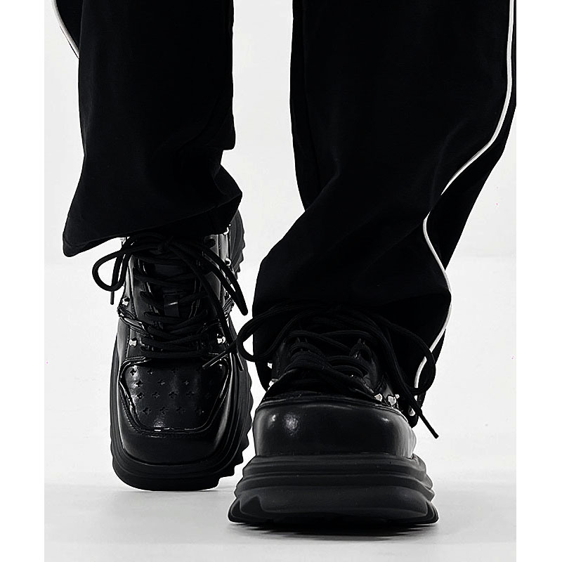 Men's Black Leather Derby Shoes, Trendy Punk Square-Toed Design, Thick-Soled Platform Dad Shoes, High-End Fashion Footwear Men's Black Leather Derby Shoes, Trendy Punk Square-Toed Design, Thick-Soled Platform Dad Shoes, High-End Fashion Footwear