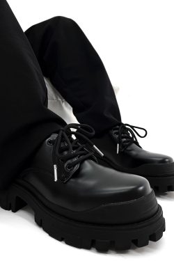 Men's Black Thick-Soled Derby Shoes, Cleanfit Leather, British Style Formal Footwear for Commuting, Classic Big-Toe Design