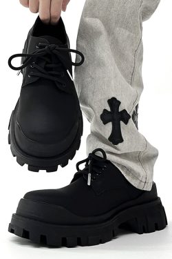 Men's Black Thick-Soled Derby Shoes, Cleanfit Leather, British Style Formal Footwear for Commuting, Classic Big-Toe Design