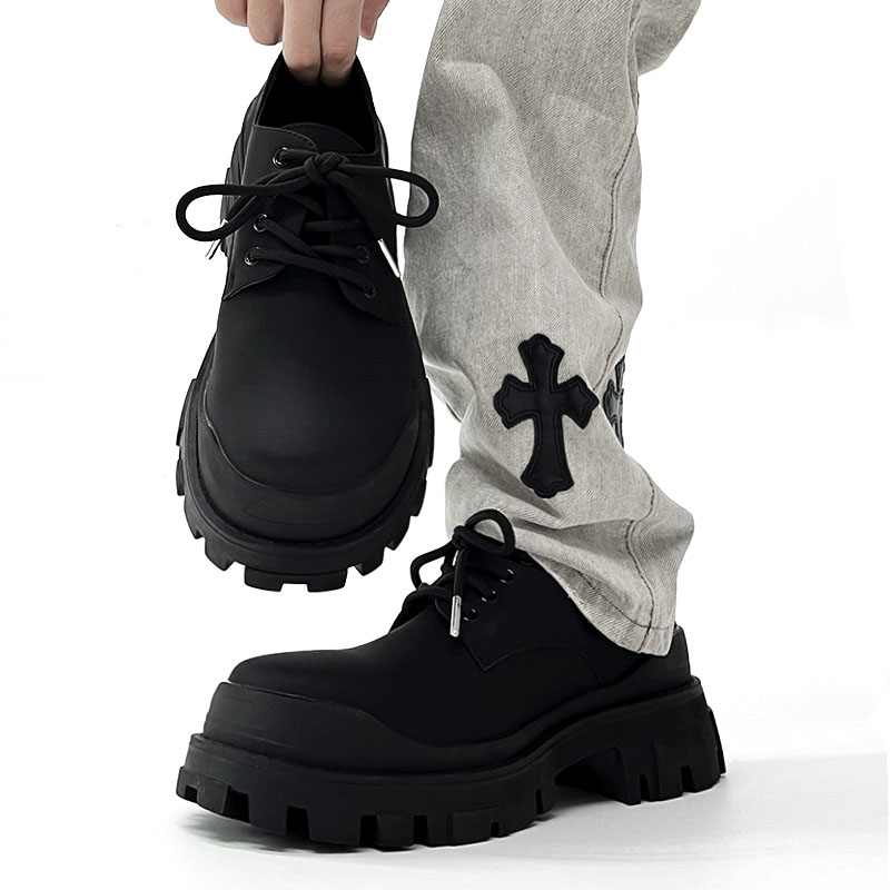 Men's Black Thick-Soled Derby Shoes, Cleanfit Leather, British Style Formal Footwear for Commuting, Classic Big-Toe Design Men's Black Thick-Soled Derby Shoes, Cleanfit Leather, British Style Formal Footwear for Commuting, Classic Big-Toe Design