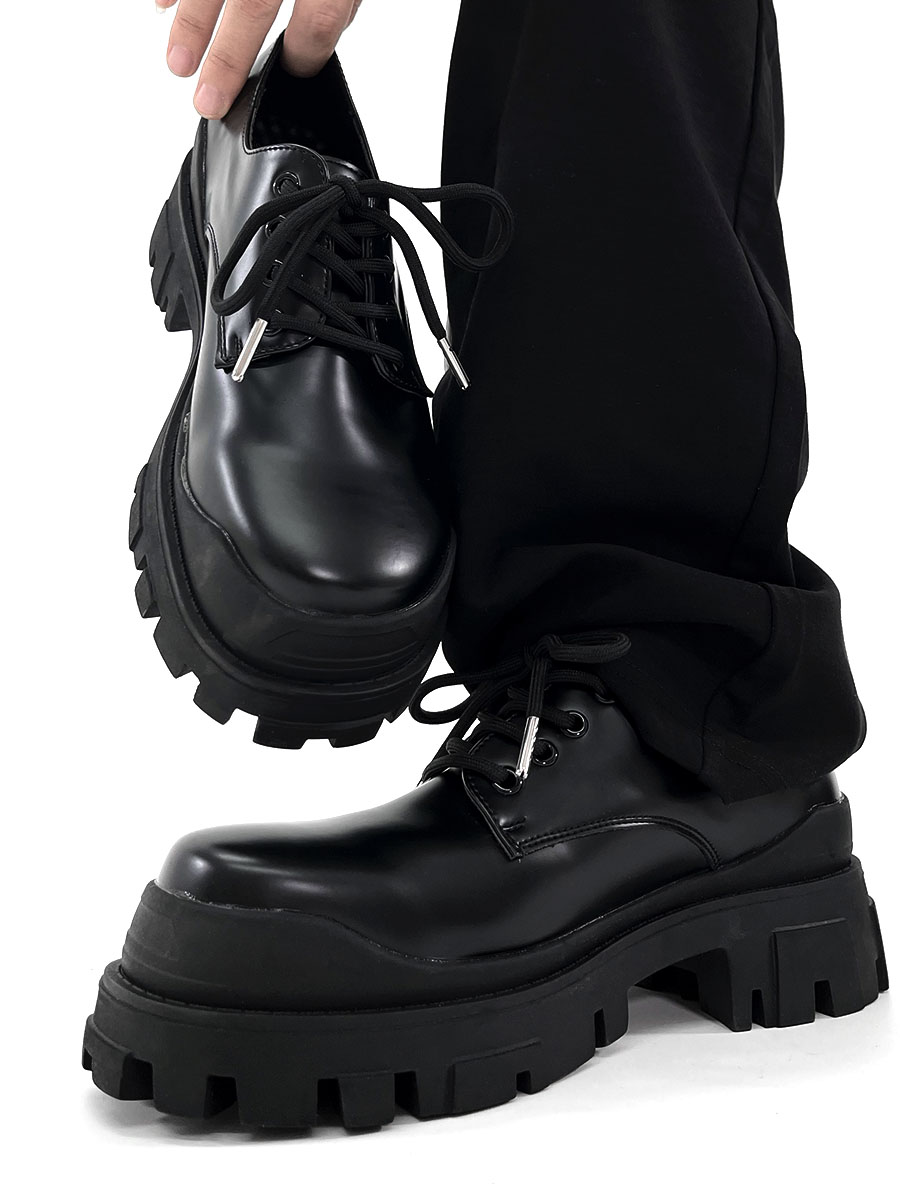 Men's Black Thick-Soled Derby Shoes, Cleanfit Leather, British Style Formal Footwear for Commuting, Classic Big-Toe Design Men's Black Thick-Soled Derby Shoes, Cleanfit Leather, British Style Formal Footwear for Commuting, Classic Big-Toe Design