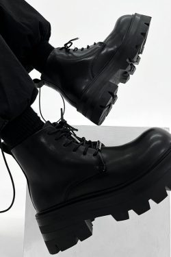 Men's Black Thick-Soled Martin Boots - Trendy Height-Increasing Motorcycle Style, Japanese Retro Big-Toe Short Work Boots