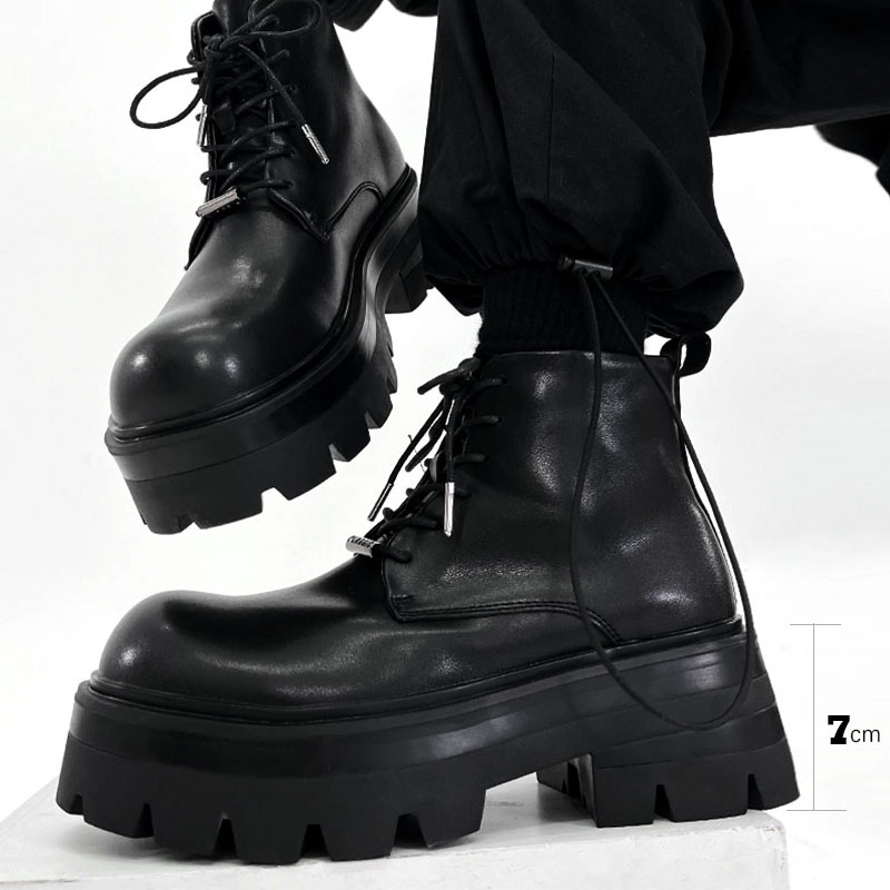 Men's Black Thick-Soled Martin Boots - Trendy Height-Increasing Motorcycle Style, Japanese Retro Big-Toe Short Work Boots Men's Black Thick-Soled Martin Boots - Trendy Height-Increasing Motorcycle Style, Japanese Retro Big-Toe Short Work Boots