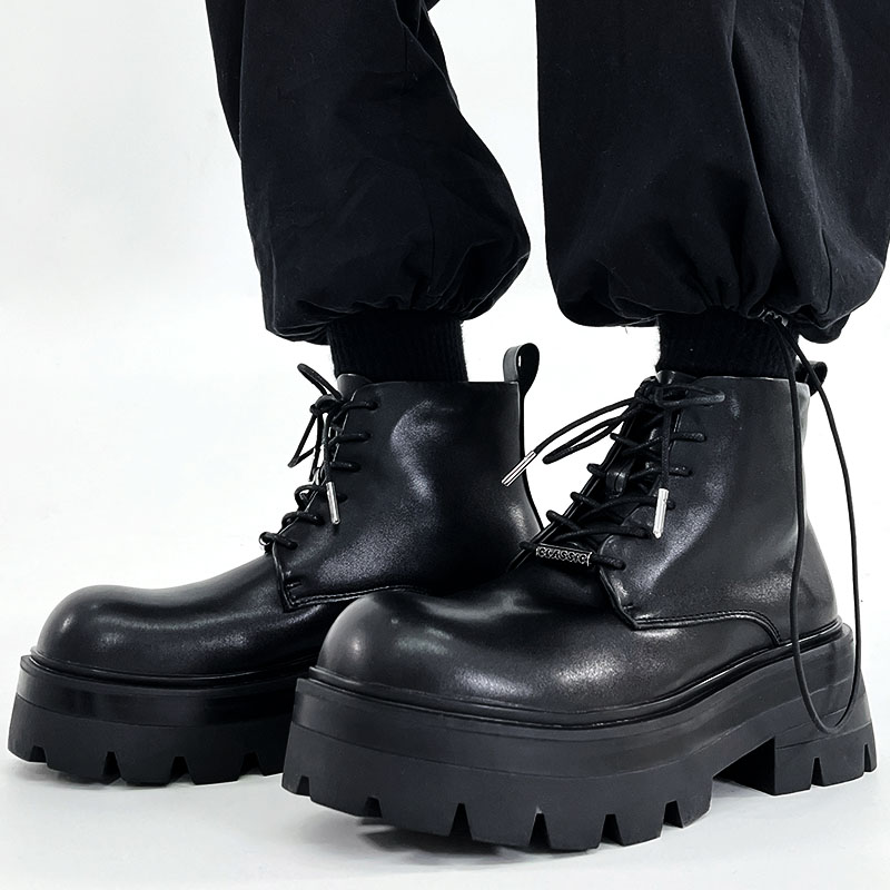 Men's Black Thick-Soled Martin Boots - Trendy Height-Increasing Motorcycle Style, Japanese Retro Big-Toe Short Work Boots Men's Black Thick-Soled Martin Boots - Trendy Height-Increasing Motorcycle Style, Japanese Retro Big-Toe Short Work Boots