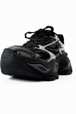 Men's Black Thick-Soled Warrior Dad Shoes - Height-Increasing Heterochromatic Cat-Eye Design, High Street Fashion, Trendy Couple Style