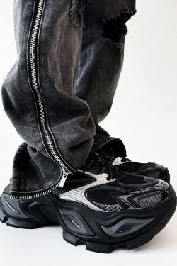 Men's Black Thick-Soled Warrior Dad Shoes - Height-Increasing Heterochromatic Cat-Eye Design, High Street Fashion, Trendy Couple Style