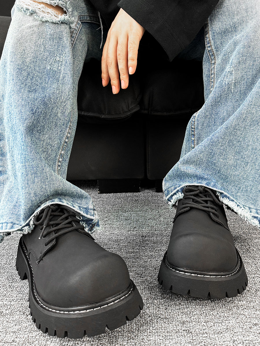 Men's British Retro Round-Toe Derby Shoes - Cleanfit Brown Leather, Thick Sole, Height-Increasing Mickey Design, Trendy Work Style Men's British Retro Round-Toe Derby Shoes - Cleanfit Brown Leather, Thick Sole, Height-Increasing Mickey Design, Trendy Work Style