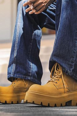 Men's British Style Zipper Chelsea Martin Boots - Height-Increasing Genuine Leather High-Top Thick-Soled Fleece Snow Boots for Autumn & Winter