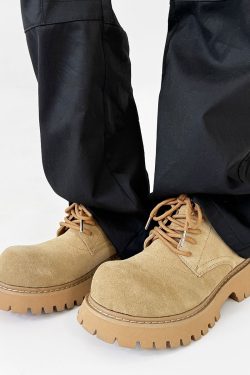 Men's Brown Martin Boots - Retro Mid-Top Work Shoes, Mickey Derby Style, Height-Increasing Suede, Trendy Yellow Accents