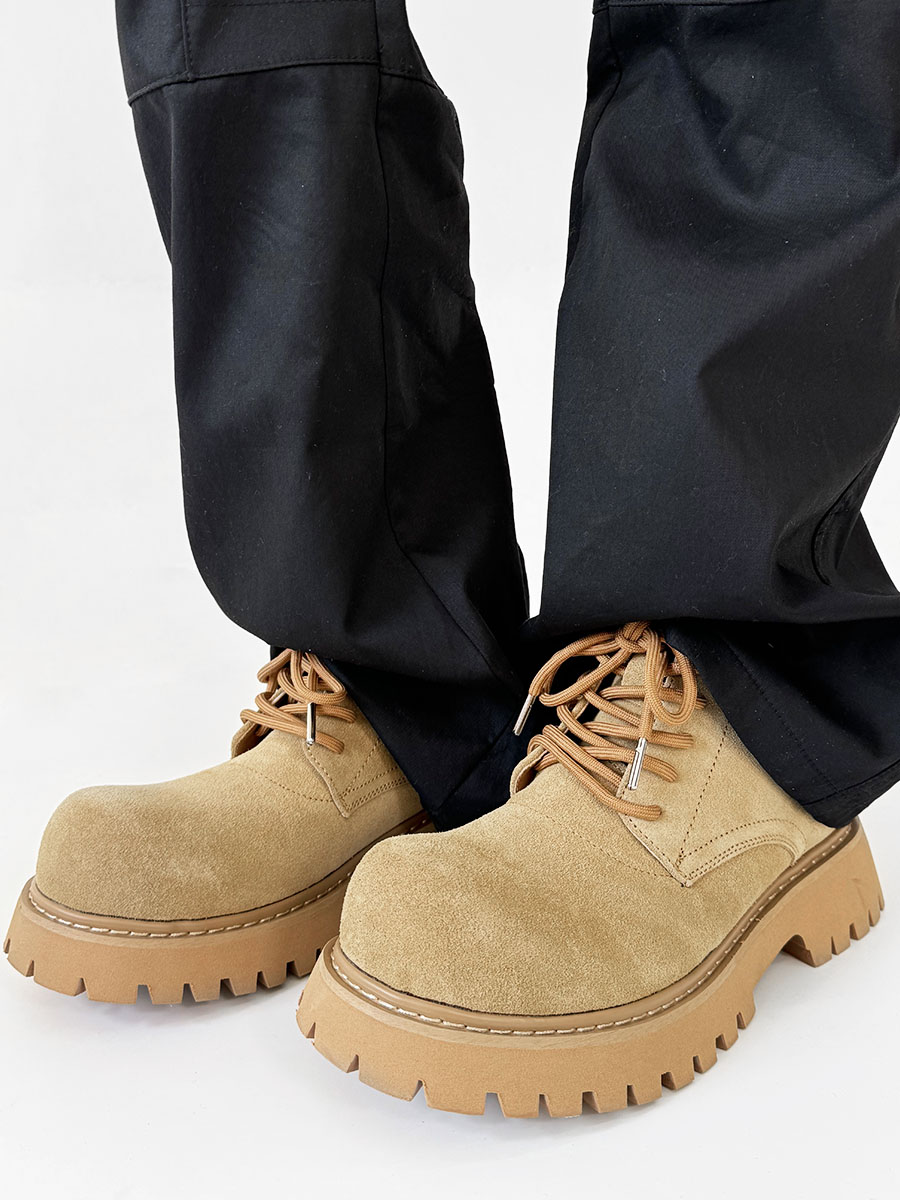 Men's Brown Martin Boots - Retro Mid-Top Work Shoes, Mickey Derby Style, Height-Increasing Suede, Trendy Yellow Accents Men's Brown Martin Boots - Retro Mid-Top Work Shoes, Mickey Derby Style, Height-Increasing Suede, Trendy Yellow Accents