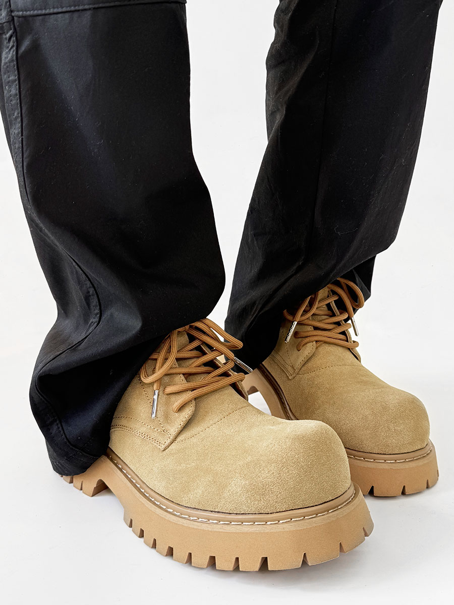 Men's Brown Martin Boots - Retro Mid-Top Work Shoes, Mickey Derby Style, Height-Increasing Suede, Trendy Yellow Accents Men's Brown Martin Boots - Retro Mid-Top Work Shoes, Mickey Derby Style, Height-Increasing Suede, Trendy Yellow Accents