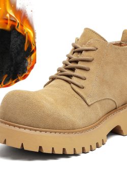 Men's Brown Martin Boots - Retro Mid-Top Work Shoes, Mickey Derby Style, Height-Increasing Suede, Trendy Yellow Accents