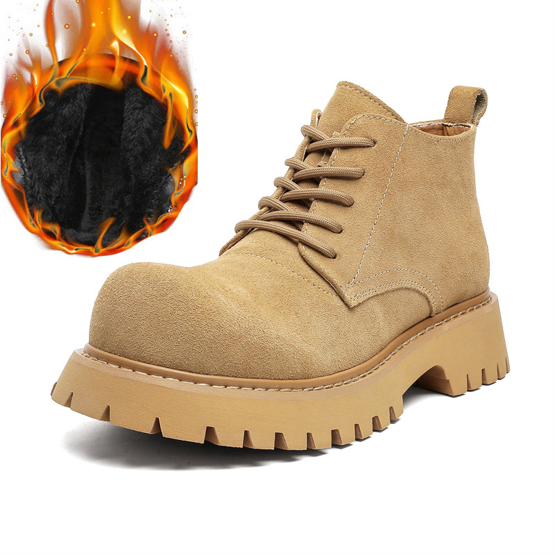 Men's Brown Martin Boots - Retro Mid-Top Work Shoes, Mickey Derby Style, Height-Increasing Suede, Trendy Yellow Accents Men's Brown Martin Boots - Retro Mid-Top Work Shoes, Mickey Derby Style, Height-Increasing Suede, Trendy Yellow Accents