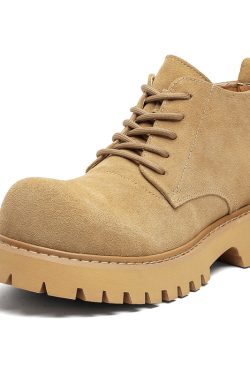 Men's Brown Martin Boots - Retro Mid-Top Work Shoes, Mickey Derby Style, Height-Increasing Suede, Trendy Yellow Accents