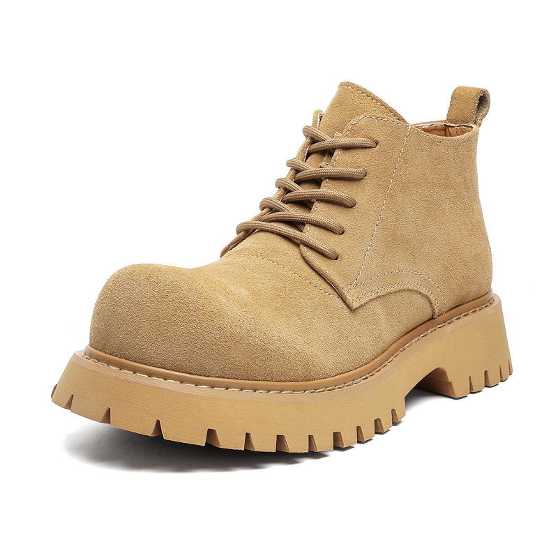 Men's Brown Martin Boots - Retro Mid-Top Work Shoes, Mickey Derby Style, Height-Increasing Suede, Trendy Yellow Accents Men's Brown Martin Boots - Retro Mid-Top Work Shoes, Mickey Derby Style, Height-Increasing Suede, Trendy Yellow Accents