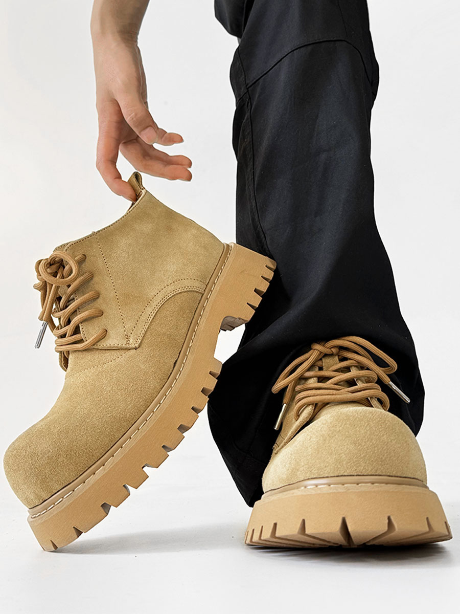 Men's Brown Martin Boots - Retro Mid-Top Work Shoes, Mickey Derby Style, Height-Increasing Suede, Trendy Yellow Accents Men's Brown Martin Boots - Retro Mid-Top Work Shoes, Mickey Derby Style, Height-Increasing Suede, Trendy Yellow Accents