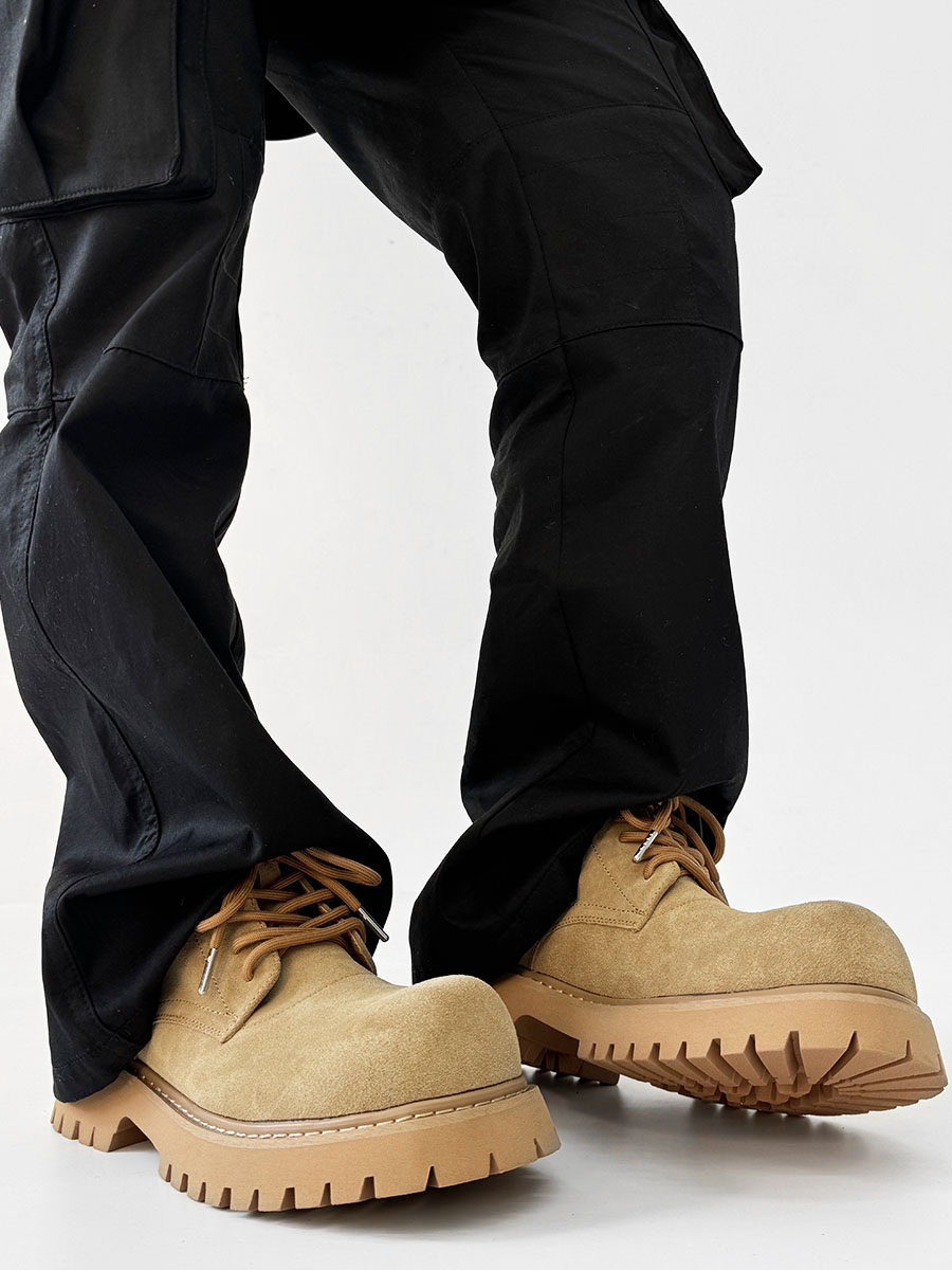 Men's Brown Martin Boots - Retro Mid-Top Work Shoes, Mickey Derby Style, Height-Increasing Suede, Trendy Yellow Accents Men's Brown Martin Boots - Retro Mid-Top Work Shoes, Mickey Derby Style, Height-Increasing Suede, Trendy Yellow Accents