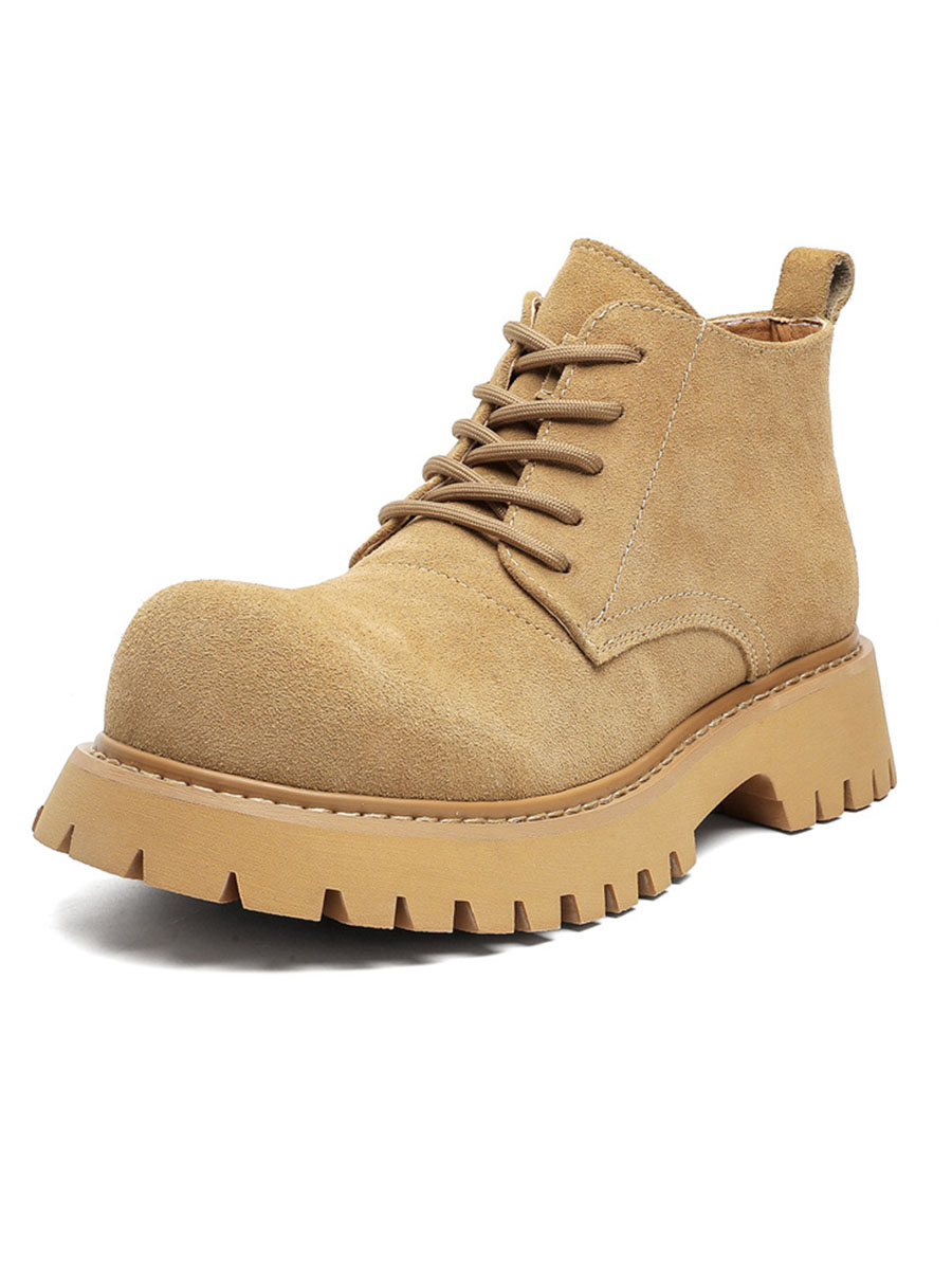Men's Brown Martin Boots - Retro Mid-Top Work Shoes, Mickey Derby Style, Height-Increasing Suede, Trendy Yellow Accents Men's Brown Martin Boots - Retro Mid-Top Work Shoes, Mickey Derby Style, Height-Increasing Suede, Trendy Yellow Accents