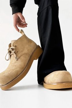 Men's Brown Suede Martin Boots - Round Toe British Style Work Boots for Winter, Big Head Design, Comfortable Derby Shoes