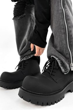 Men's Charcoal Black High-Top Derby Boots - Retro Big Head Martin Style, Matte Leather Mid-Top Shoes