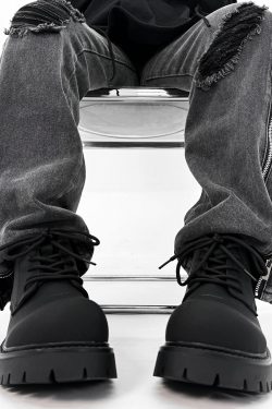 Men's Charcoal Black High-Top Derby Boots - Retro Big Head Martin Style, Matte Leather Mid-Top Shoes