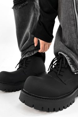 Men's Charcoal Black High-Top Derby Boots - Retro Big Head Martin Style, Matte Leather Mid-Top Shoes