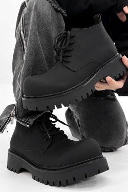 Men's Charcoal Black High-Top Derby Boots - Retro Big Head Martin Style, Matte Leather Mid-Top Shoes