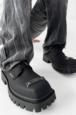 Men's Charcoal Black Square-Toed Derby Shoes, High-End British Design, Thick-Soled Height-Increasing, High Street Style Footwear