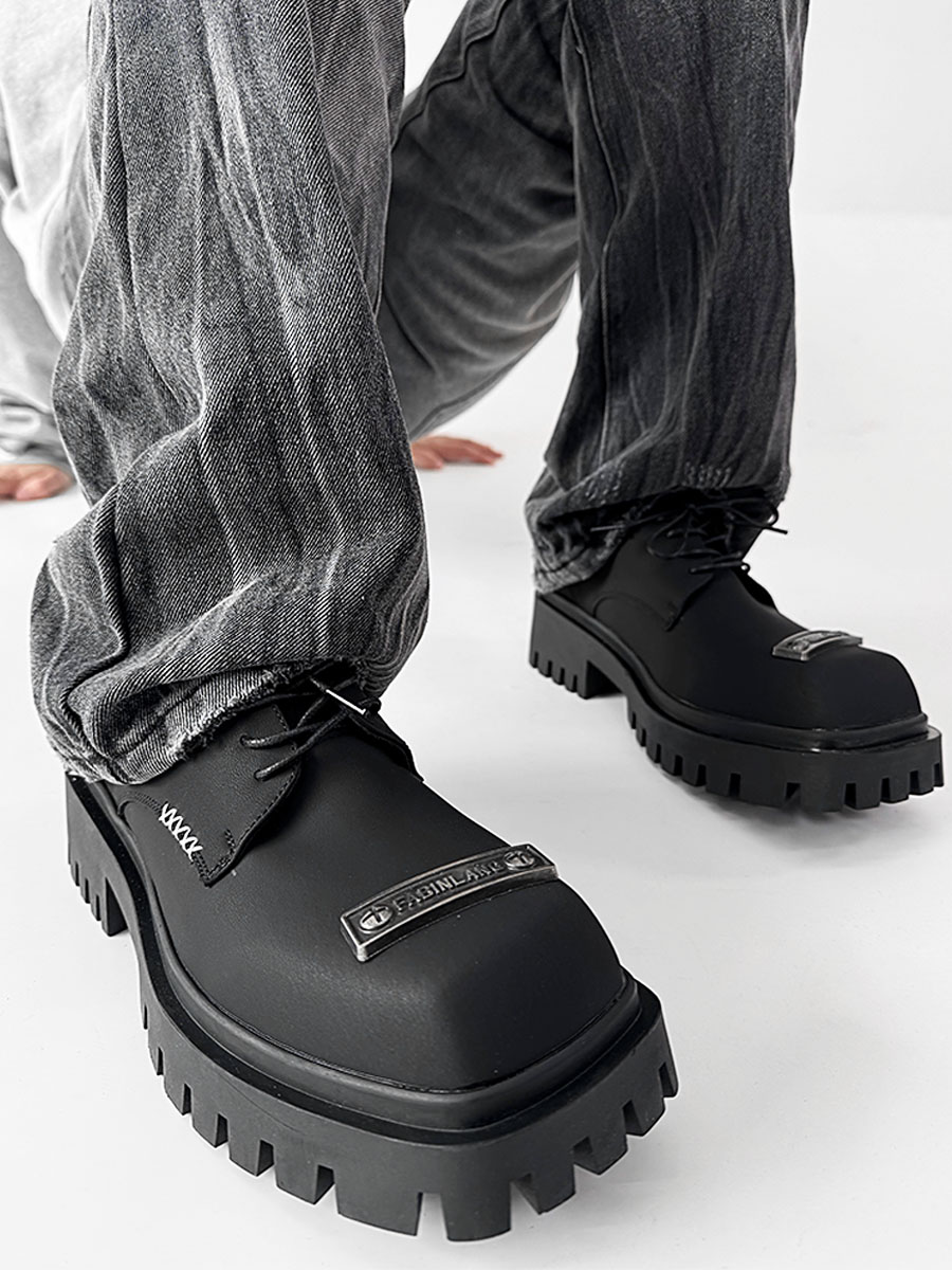 Men's Charcoal Black Square-Toed Derby Shoes, High-End British Design, Thick-Soled Height-Increasing, High Street Style Footwear Men's Charcoal Black Square-Toed Derby Shoes, High-End British Design, Thick-Soled Height-Increasing, High Street Style Footwear