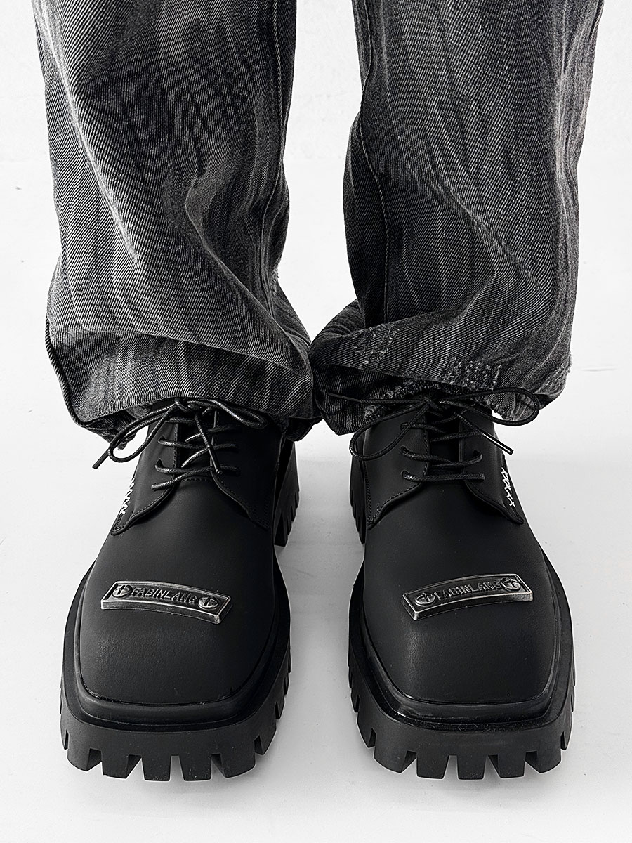 Men's Charcoal Black Square-Toed Derby Shoes, High-End British Design, Thick-Soled Height-Increasing, High Street Style Footwear Men's Charcoal Black Square-Toed Derby Shoes, High-End British Design, Thick-Soled Height-Increasing, High Street Style Footwear