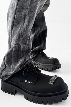 Men's Charcoal Black Square-Toed Derby Shoes, High-End British Design, Thick-Soled Height-Increasing, High Street Style Footwear