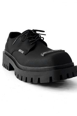 Men's Charcoal Black Square-Toed Derby Shoes, High-End British Design, Thick-Soled Height-Increasing, High Street Style Footwear