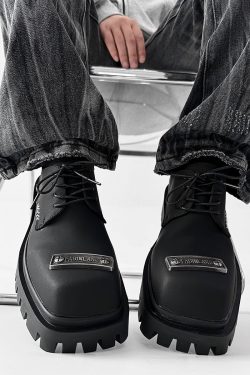 Men's Charcoal Black Square-Toed Derby Shoes, High-End British Design, Thick-Soled Height-Increasing, High Street Style Footwear