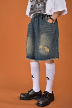 Men's Distressed Vintage Wash Five-Point Shorts - Handmade Cat Scratch Design, Trendy Summer Thin Denim Straight Fit