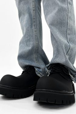 Men's High-End Matte Leather Derby Shoes with Thick Sole, Round Toe, and Big Head Mickey Design - Stylish British Cleanfit Footwear