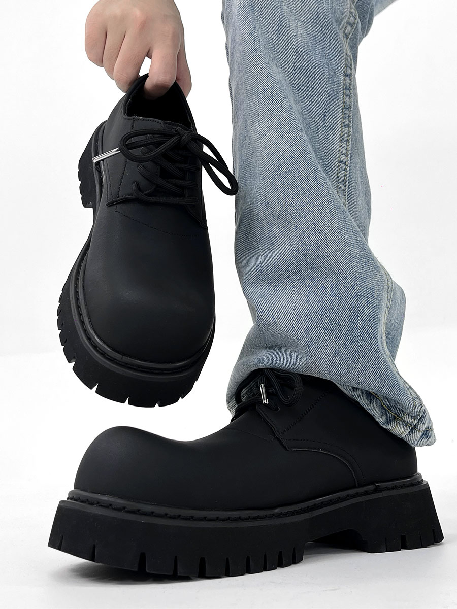 Men's High-End Matte Leather Derby Shoes with Thick Sole, Round Toe, and Big Head Mickey Design - Stylish British Cleanfit Footwear Men's High-End Matte Leather Derby Shoes with Thick Sole, Round Toe, and Big Head Mickey Design - Stylish British Cleanfit Footwear