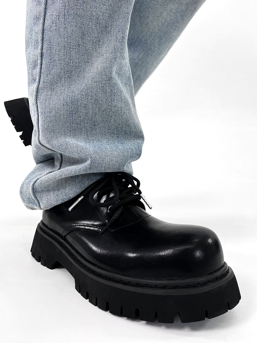 Men's High-End Matte Leather Derby Shoes with Thick Sole, Round Toe, and Big Head Mickey Design - Stylish British Cleanfit Footwear Men's High-End Matte Leather Derby Shoes with Thick Sole, Round Toe, and Big Head Mickey Design - Stylish British Cleanfit Footwear