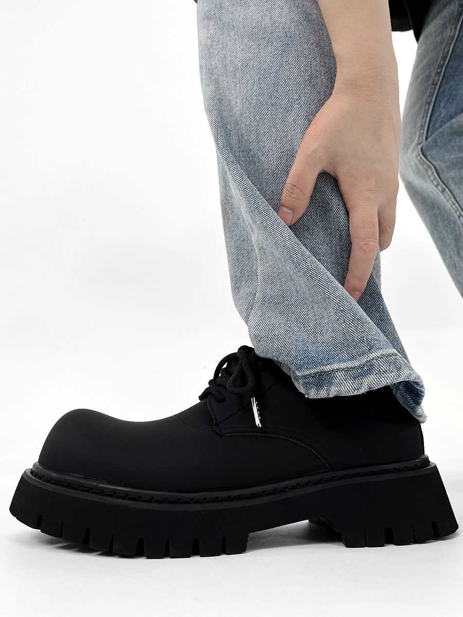 Men's High-End Matte Leather Derby Shoes with Thick Sole, Round Toe, and Big Head Mickey Design - Stylish British Cleanfit Footwear Men's High-End Matte Leather Derby Shoes with Thick Sole, Round Toe, and Big Head Mickey Design - Stylish British Cleanfit Footwear