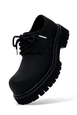 Men's High-End Matte Leather Derby Shoes with Thick Sole, Round Toe, and Big Head Mickey Design - Stylish British Cleanfit Footwear