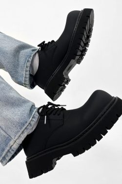 Men's High-End Matte Leather Derby Shoes with Thick Sole, Round Toe, and Big Head Mickey Design - Stylish British Cleanfit Footwear